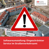 Luftbild des Landratsamtes in Naumburg mit großem Warnsymbol (Ausrufezeichen im roten Dreieck). Text: „Softwareumstellung: Eingeschränkter Service im Straßenverkehrsamt“. Hinweis auf vorübergehende Einschränkungen vom 14. bis 18. Juli 2025.