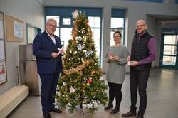 Landrat Götz Ulrich, Personalratsvorsitzender Ronny Just und Heimleiterin Lisa Stieber (v.l.) stehen an dem Wünschebaum im Landratsamt Naumburg.