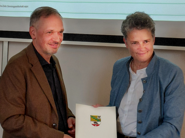 Infra-Geschäftsführer Christoph Hansel und Ministerin Lydia Hüskens.